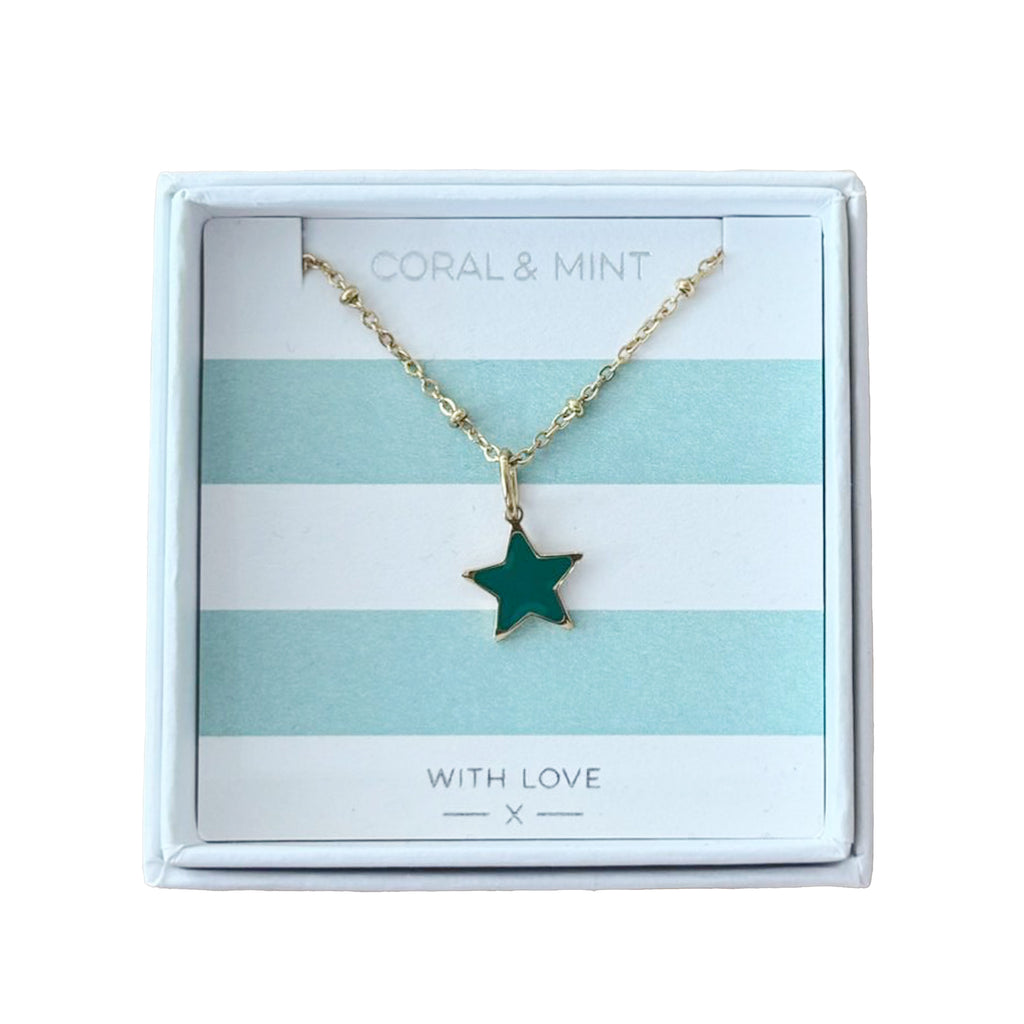 Coral & Mint Gold Star Charm Necklace with Emerald Enamel