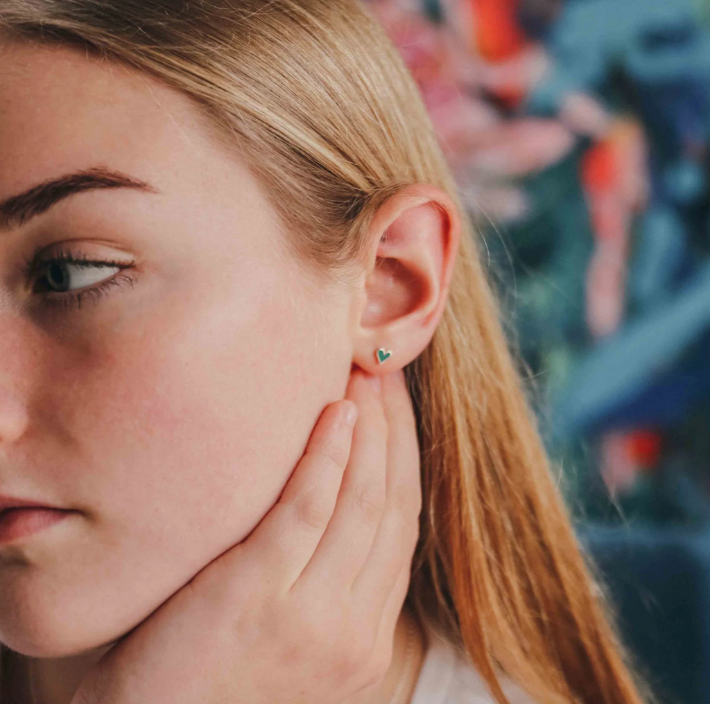 Coral & Mint Mini Heart Studs with Emerald Sparkle Enamel