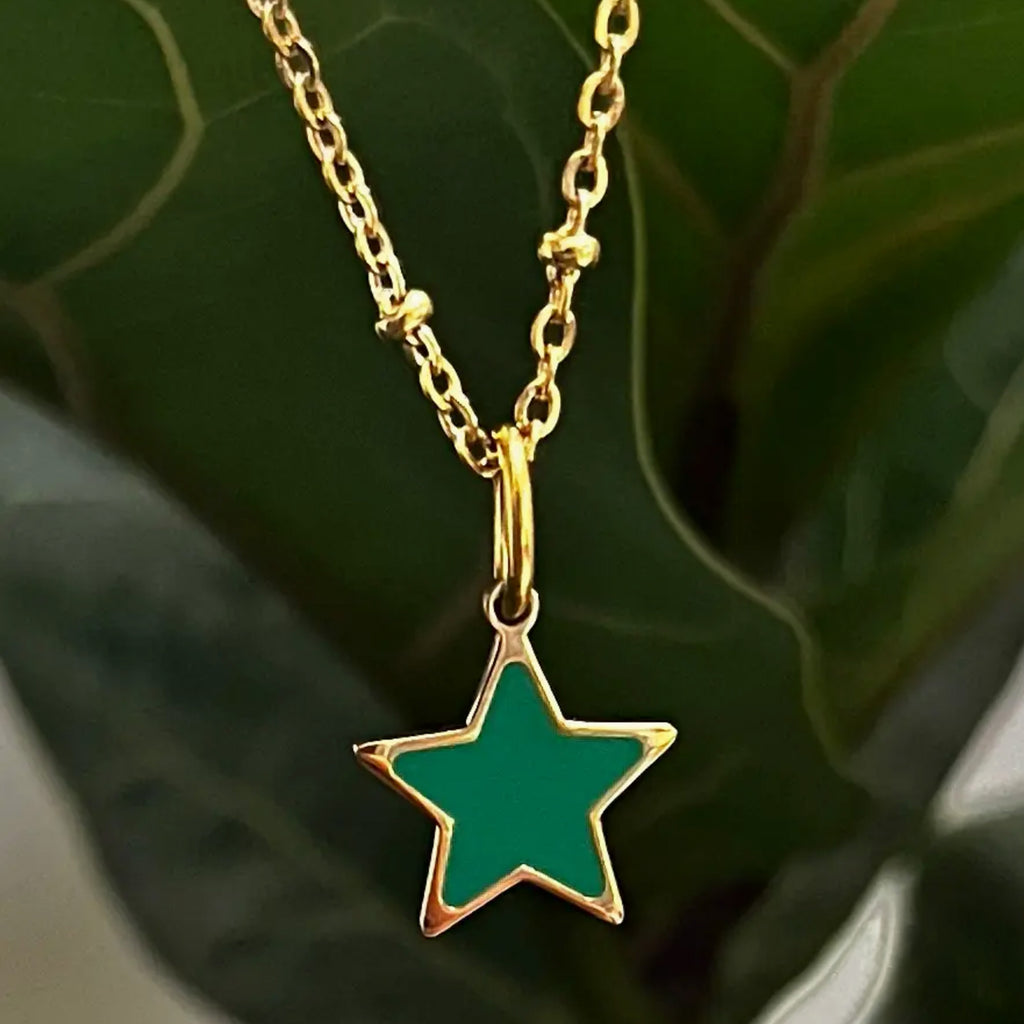 Coral & Mint Gold Star Charm Necklace with Emerald Enamel