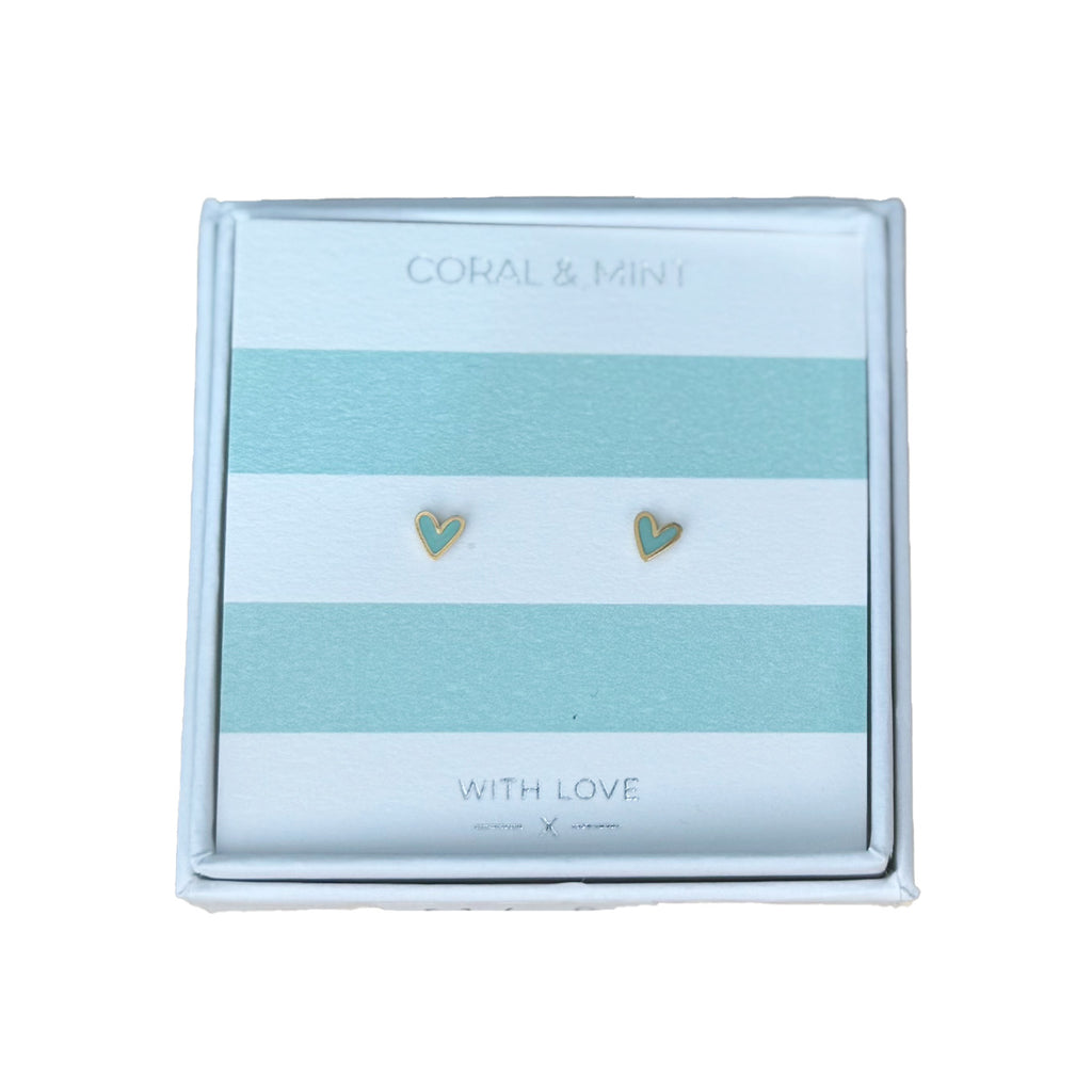 Coral & Mint Gold Mini Heart Studs with Mint Enamel